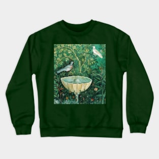 POMPEII COLLECTION,LITTLE BIRDS,DOVES AND FOUNTAIN IN GARDEN ,GREEN FLORAL Crewneck Sweatshirt